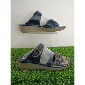 FLY London Women's Etan Leather Slide Sandals with Buckle Shoes Navy Blue